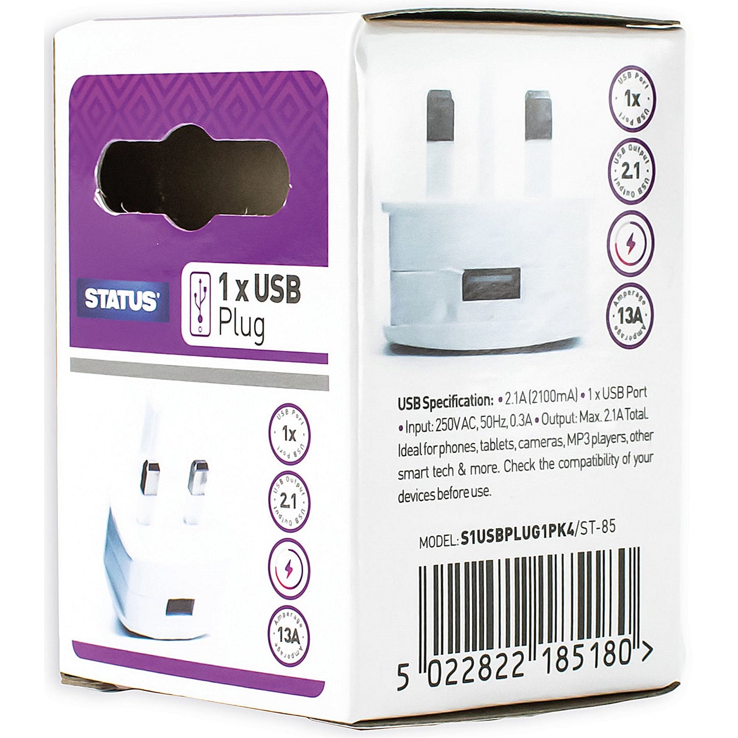 Status USB Type A Power Adapter Plug, White