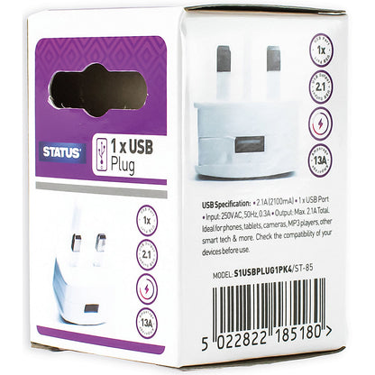 Status USB Type A Power Adapter Plug, White