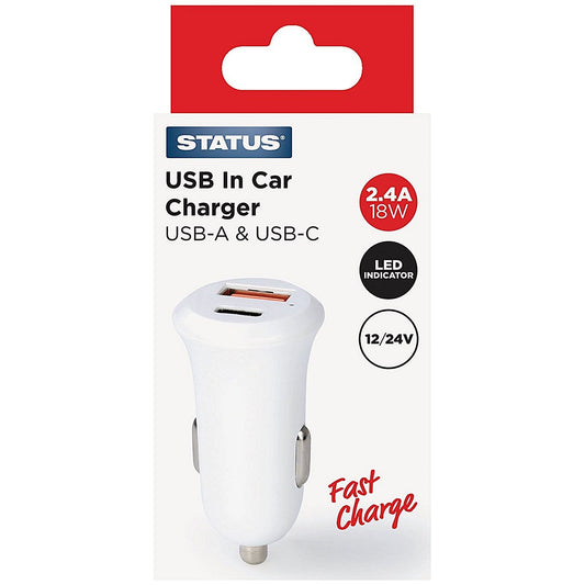 Status In Car Charger USB A/C 12v White Easy2Order : STS19562