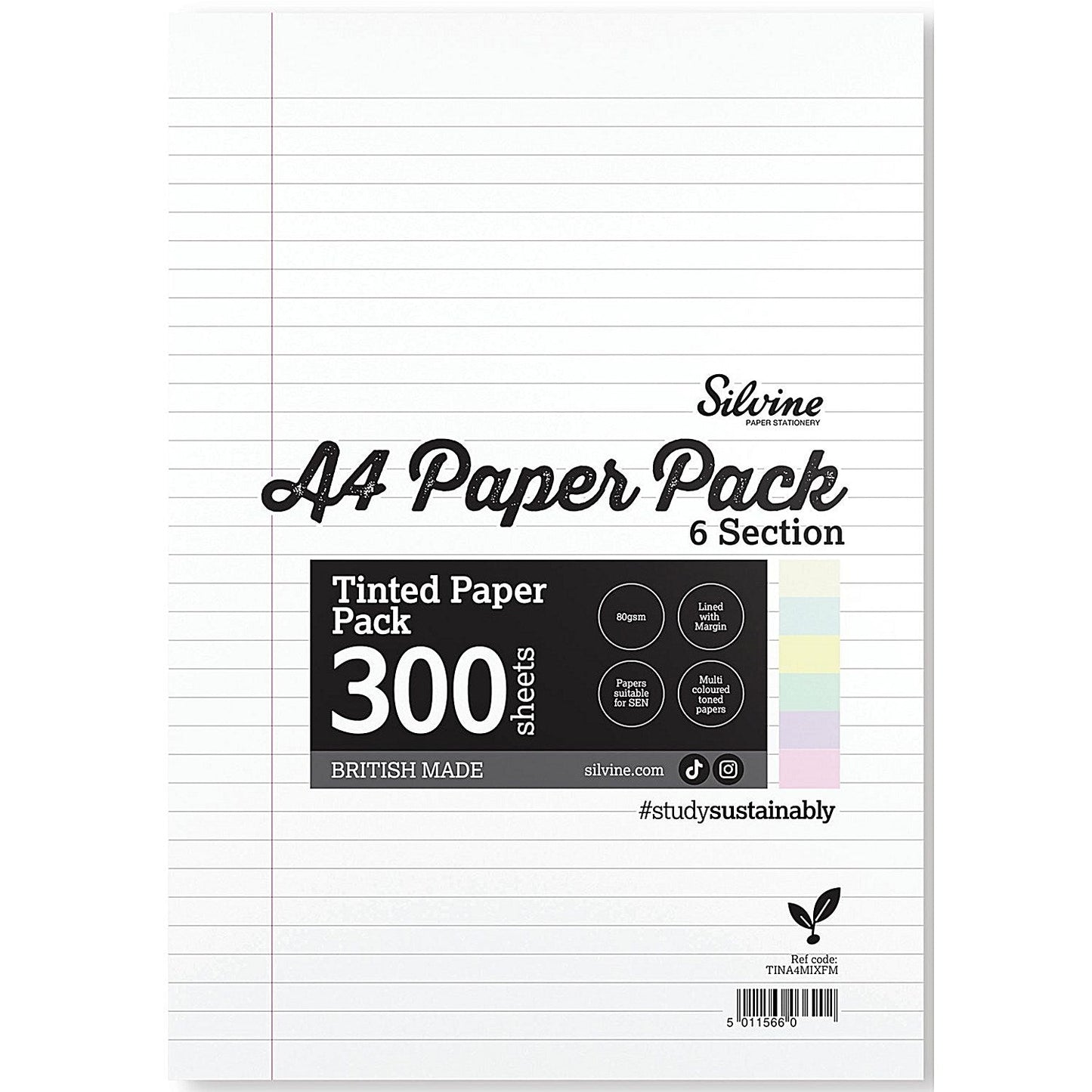 Silvine Tinted Paper SEN/Dyslexia 300 Sheets 6 Colours Ruled A4 (Pack of 5)