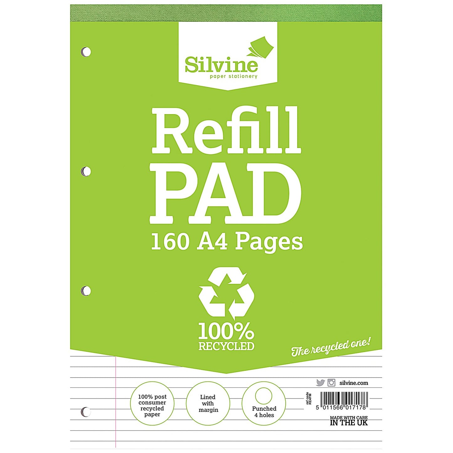 Silvine Recycled Refill Pad, A4, Ruled with Margin, 160 Pages, Green, Pack of 6