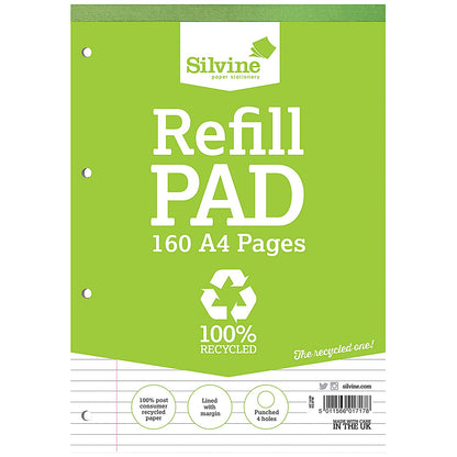 Silvine Recycled Refill Pad, A4, Ruled with Margin, 160 Pages, Green, Pack of 6