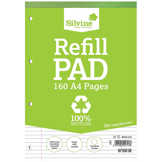 Silvine Recycled Refill Pad, A4, Ruled with Margin, 160 Pages, Green, Pack of 6