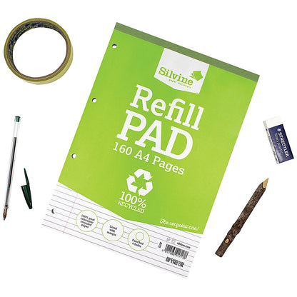 Silvine Recycled Refill Pad, A4, Ruled with Margin, 160 Pages, Green, Pack of 6