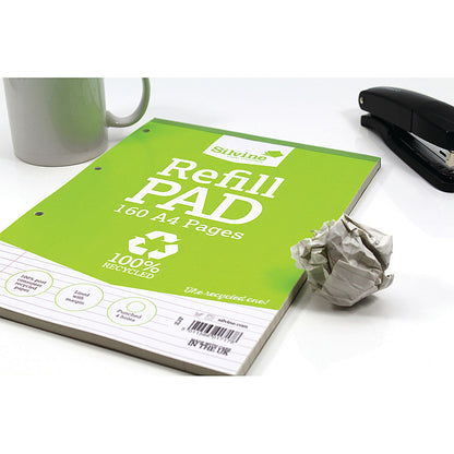 Silvine Recycled Refill Pad, A4, Ruled with Margin, 160 Pages, Green, Pack of 6