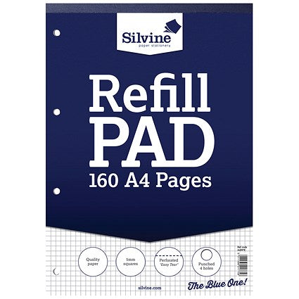 Silvine Headbound Refill Pad, A4, 5mm Squares, 160 Pages, Blue, Pack of 6
