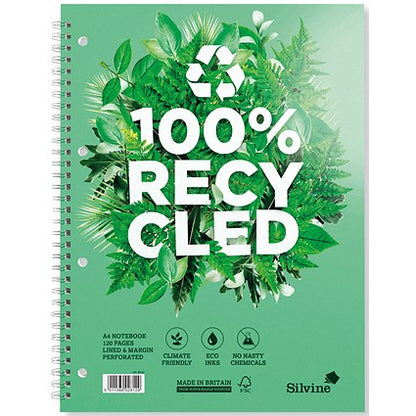 Silvine Premium Recycled Wirebound Notebook, A4, Ruled & Perforated, 120 Pages, Green, Pack of 5