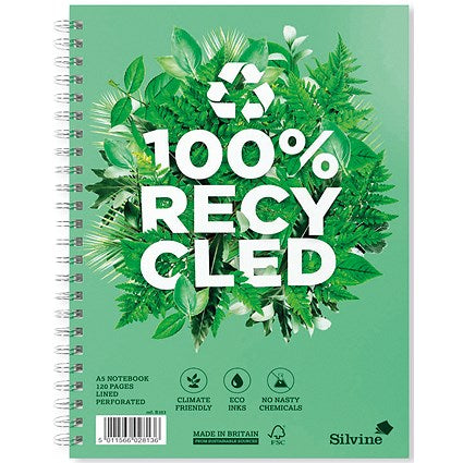 Silvine Premium Recycled Wirebound Notebook, A5, Ruled & Perforated, 120 Pages, Green, Pack of 5