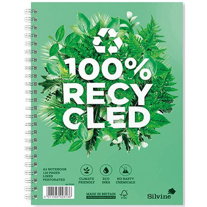 Silvine Premium Recycled Wirebound Notebook, A5, Ruled & Perforated, 120 Pages, Green, Pack of 5
