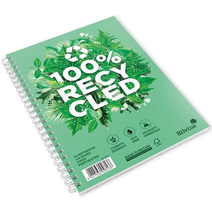 Silvine Premium Recycled Wirebound Notebook, A5, Ruled & Perforated, 120 Pages, Green, Pack of 5