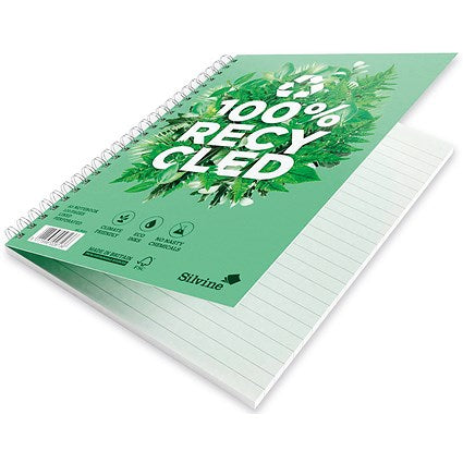 Silvine Premium Recycled Wirebound Notebook, A5, Ruled & Perforated, 120 Pages, Green, Pack of 5