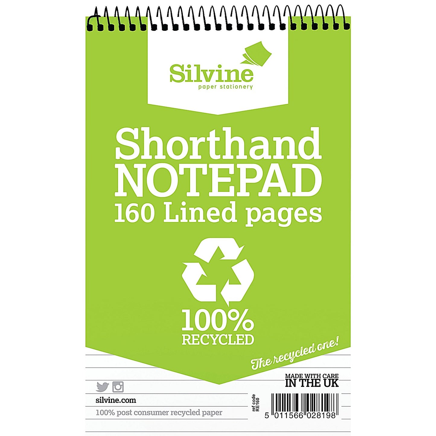 Silvine Recycled Wirebound Shorthand Notepad, 200x125mm, Ruled, 160 Pages, Green, Pack of 12
