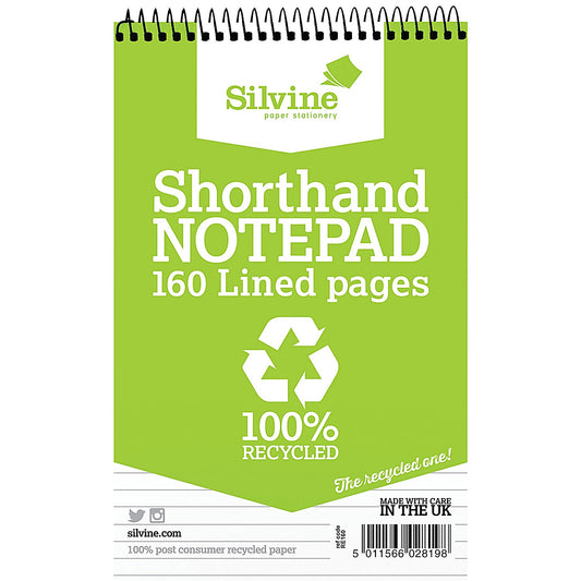 Silvine Recycled Wirebound Shorthand Notepad, 200x125mm, Ruled, 160 Pages, Green, Pack of 12
