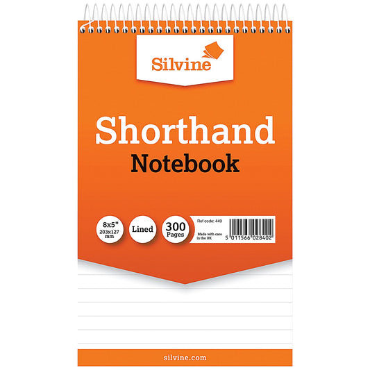 Silvine Wirebound Shorthand Notepad, 203x127mm, Ruled, 300 Pages, Orange, Pack of 6