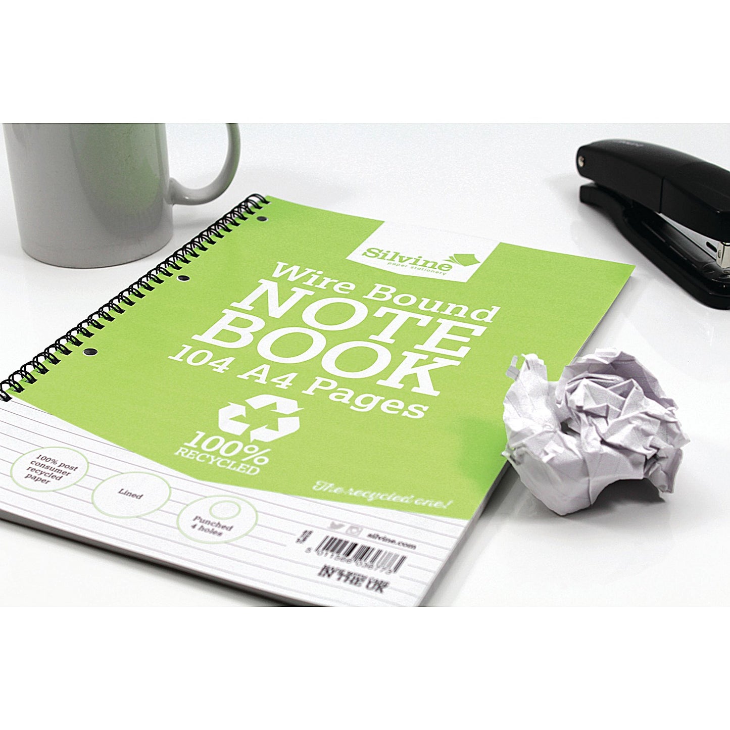 Silvine Recycled Wirebound Notebook, A4, Ruled, 104 Pages, Green, Pack of 12