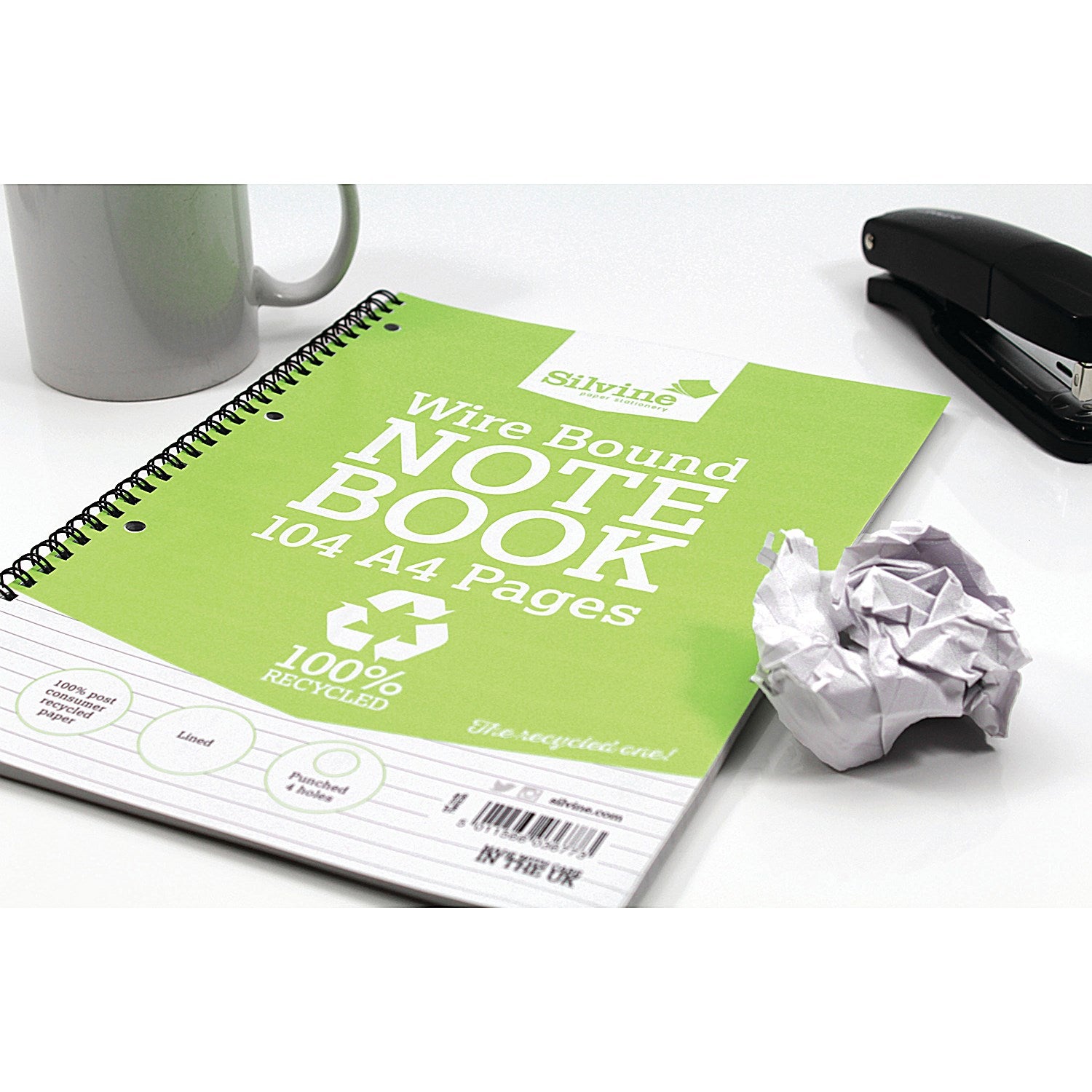 Silvine Recycled Wirebound Notebook, A4, Ruled, 104 Pages, Green, Pack of 12