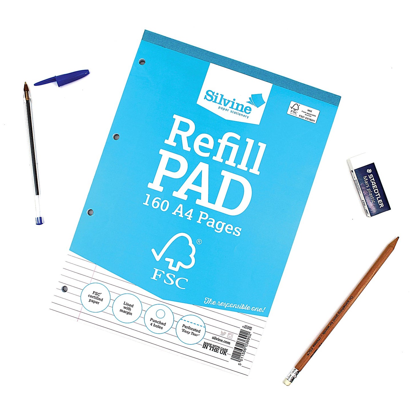 Silvine FSC Certified Refill Pad, A4, Ruled with Margin, 160 Pages, Blue, Pack of 5