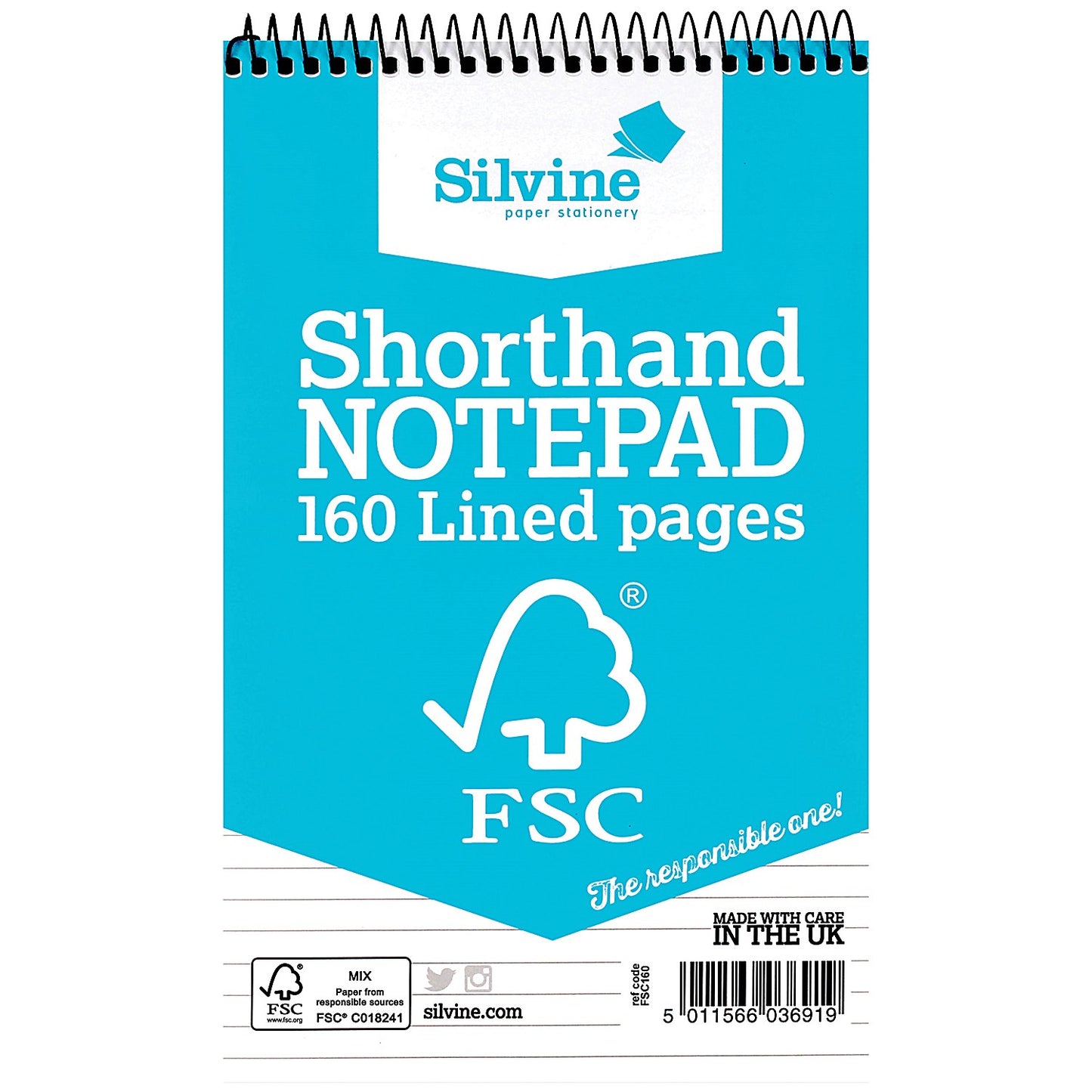 Silvine FSC Certified Wirebound Shorthand Notebook, 203x127mm, Ruled & Perforated, Blue, Pack of 10