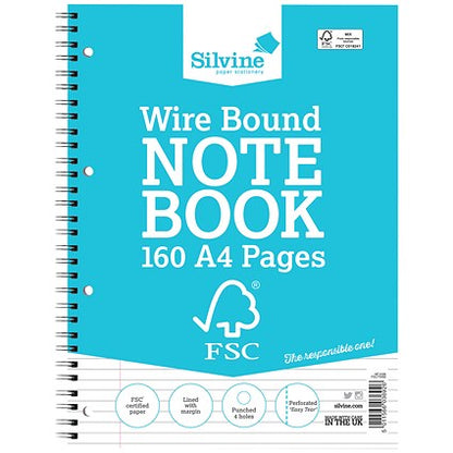 Silvine FSC Certified Wirebound Notebook, A4, Ruled & Perforated, 160 Pages, Blue, Pack of 5