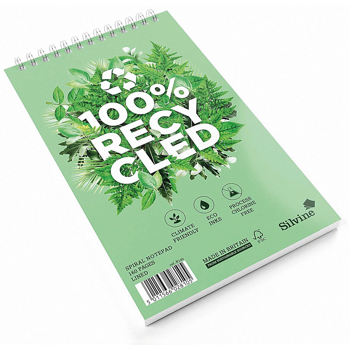 Silvine Premium Recycled Reporters Notebook, 203x125mm, Ruled, 160 Pages, Green, Pack of 3