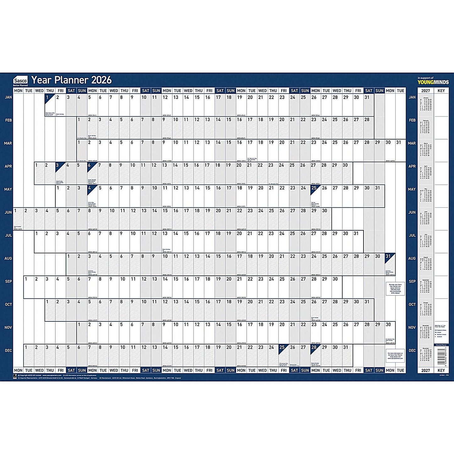 Sasco Year Planner, Mounted, 915x610mm, 2026