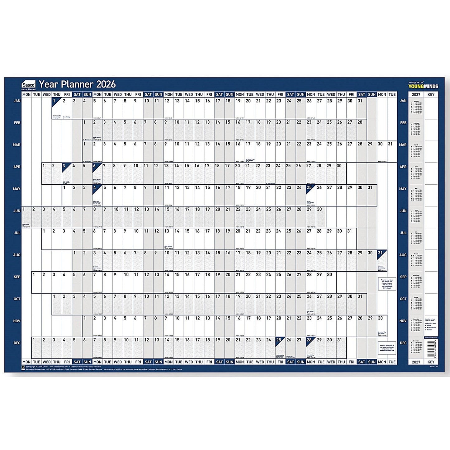 Sasco Year Planner, Unmounted, 915x610mm, 2026