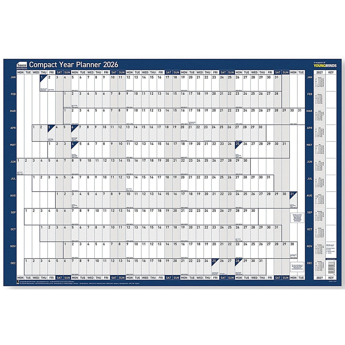 Sasco Compact Landscape Year Planner, Unmounted, 610x405mm, 2026