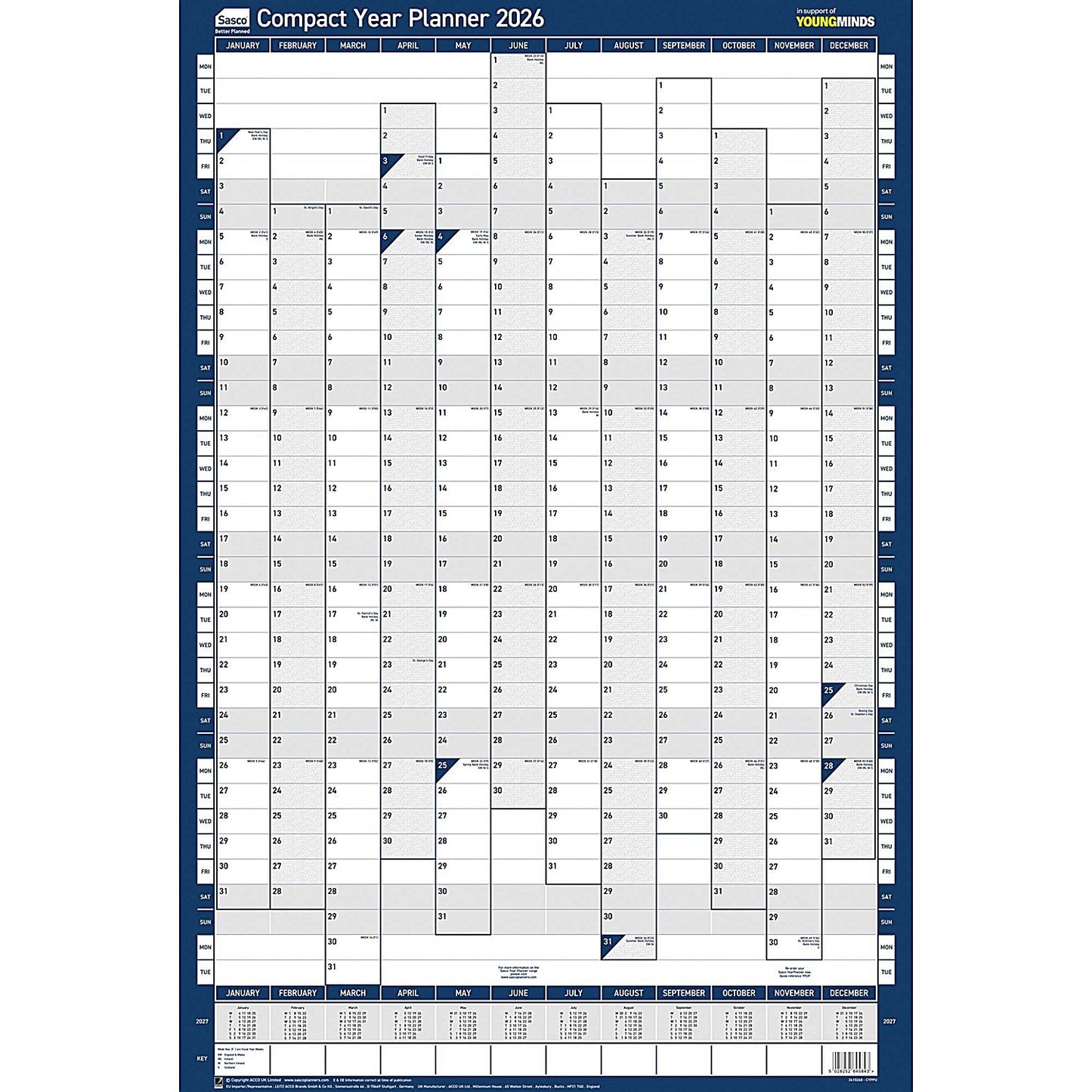 Sasco Compact Portrait Year Planner, Unmounted, 405x610mm, 2026