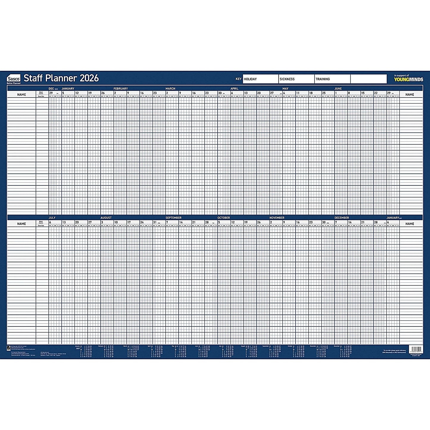 Sasco Staff Planner, Mounted, 915x610mm, 2026