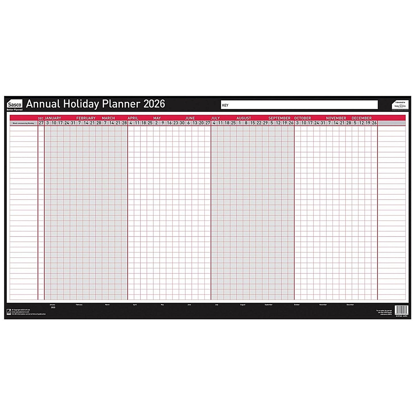 Sasco Annual Holiday Planner, Unmounted, 750x410mm, 2026 Easy2Order : SY64593