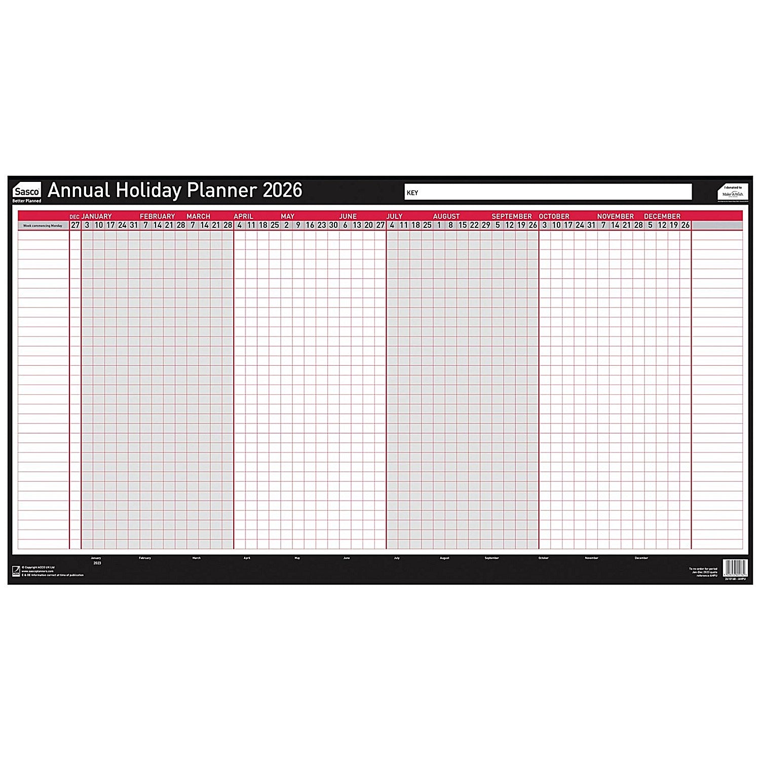 Sasco Annual Holiday Planner, Unmounted, 750x410mm, 2026 Easy2Order : SY64593