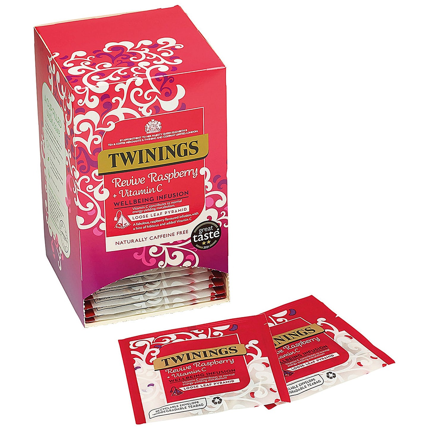 Twinings Revive Raspberry/Hibiscus/Vitamin C Mesh Pyramid Enveloped Tea Bags, Pack of 15