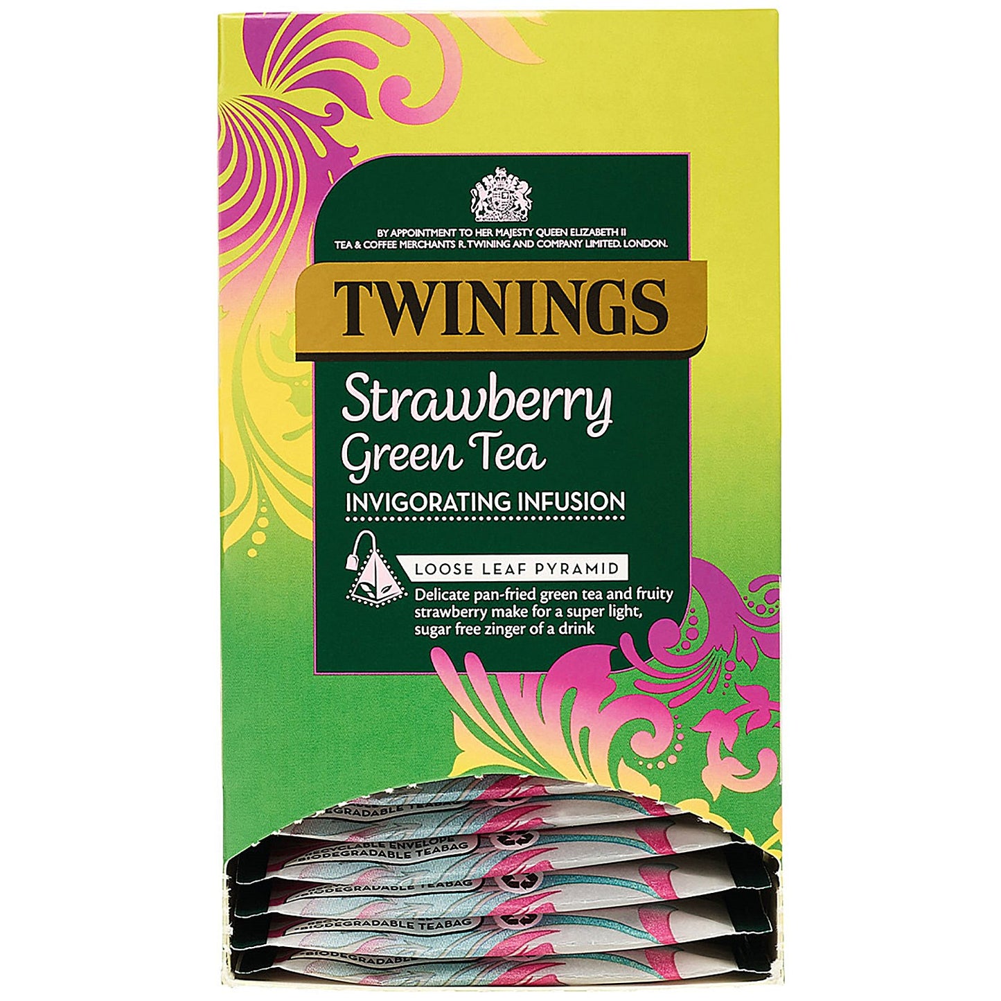 Twinings Strawberry Green Tea Mesh Pyramid Enveloped Tea Bags, Pack of 15