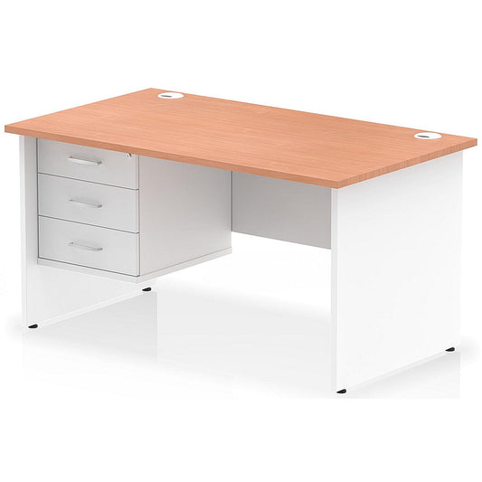 Impulse 1400mm Two-Tone Rectangular Desk, White Panel End Leg, Beech, With 3 Drawer Fixed Pedestal