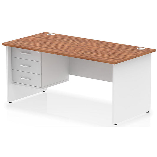 Impulse 1600mm Two-Tone Rectangular Desk, White Panel End Leg, Walnut, With 3 Drawer Fixed Pedestal