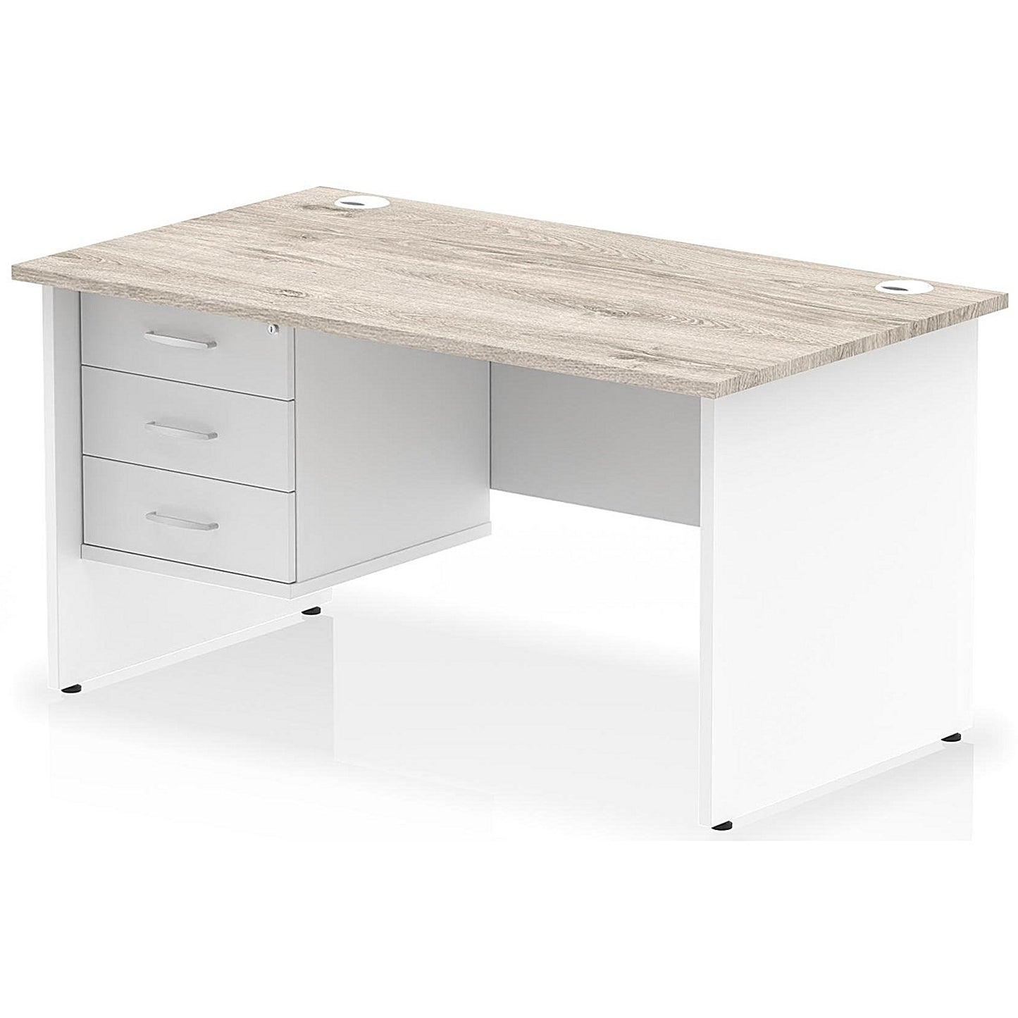 Impulse 1400mm Two-Tone Rectangular Desk, White Panel End Leg, Grey Oak, With 3 Drawer Fixed Pedestal