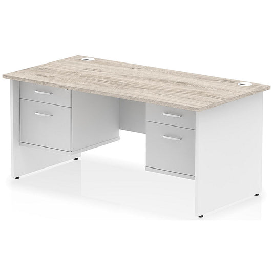 Impulse 1600mm Two-Tone Rectangular Desk, White Panel End Leg, Grey Oak, With 2 x 2 Drawer Fixed Pedestal