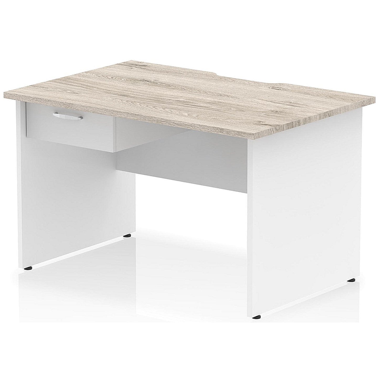 Impulse 1200mm Two-Tone Scalloped Edge Rectangular Desk, White Panel End Legs, Grey Oak, With 1 x 1 Drawer Fixed Pedestal Easy2Order : TT000304