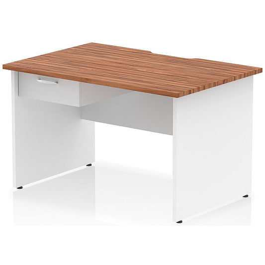 Impulse 1200mm Two-Tone Scalloped Edge Rectangular Desk, White Panel End Legs, Walnut, With 1 x 1 Drawer Fixed Pedestal Easy2Order : TT000307