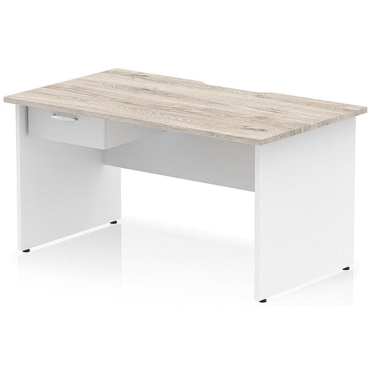 Impulse 1400mm Two-Tone Scalloped Edge Rectangular Desk, White Panel End Legs, Grey Oak, With 1 x 1 Drawer Fixed Pedestal Easy2Order : TT000309