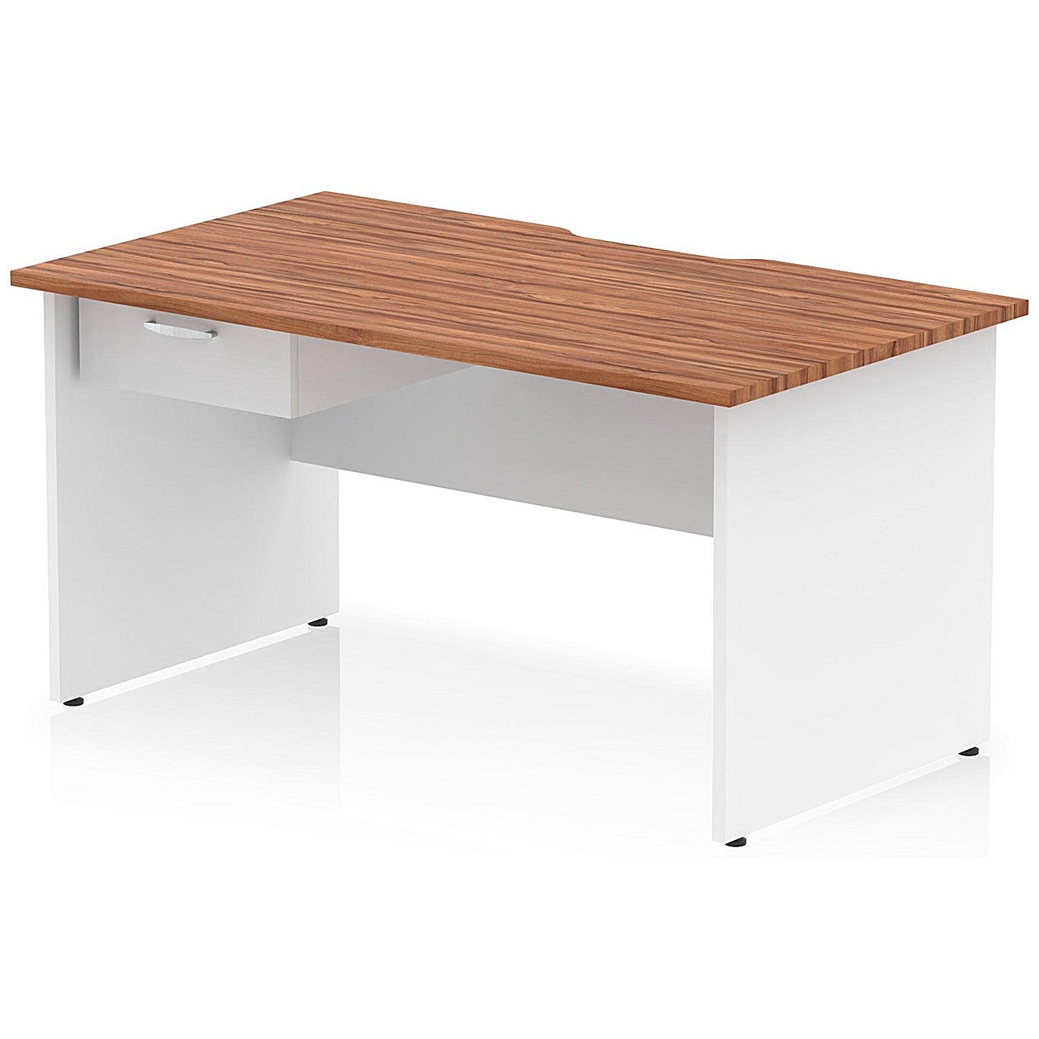 Impulse 1400mm Two-Tone Scalloped Edge Rectangular Desk, White Panel End Legs, Walnut, With 1 x 1 Drawer Fixed Pedestal Easy2Order : TT000312