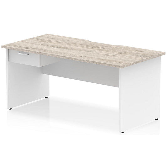 Impulse 1600mm Two-Tone Scalloped Edge Rectangular Desk, White Panel End Legs, Grey Oak, With 1 x 1 Drawer Fixed Pedestal Easy2Order : TT000314