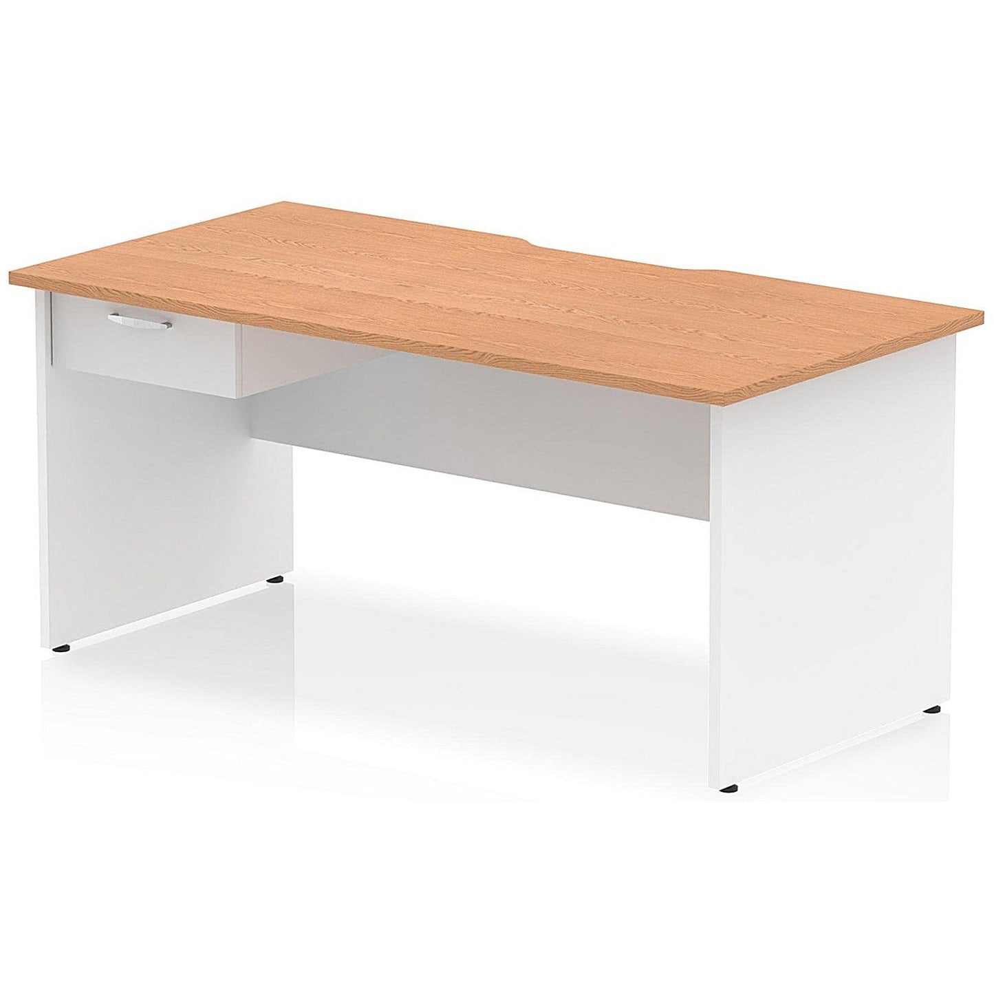 Impulse 1600mm Two-Tone Scalloped Edge Rectangular Desk, White Panel End Legs, Oak, With 1 x 1 Drawer Fixed Pedestal Easy2Order : TT000316