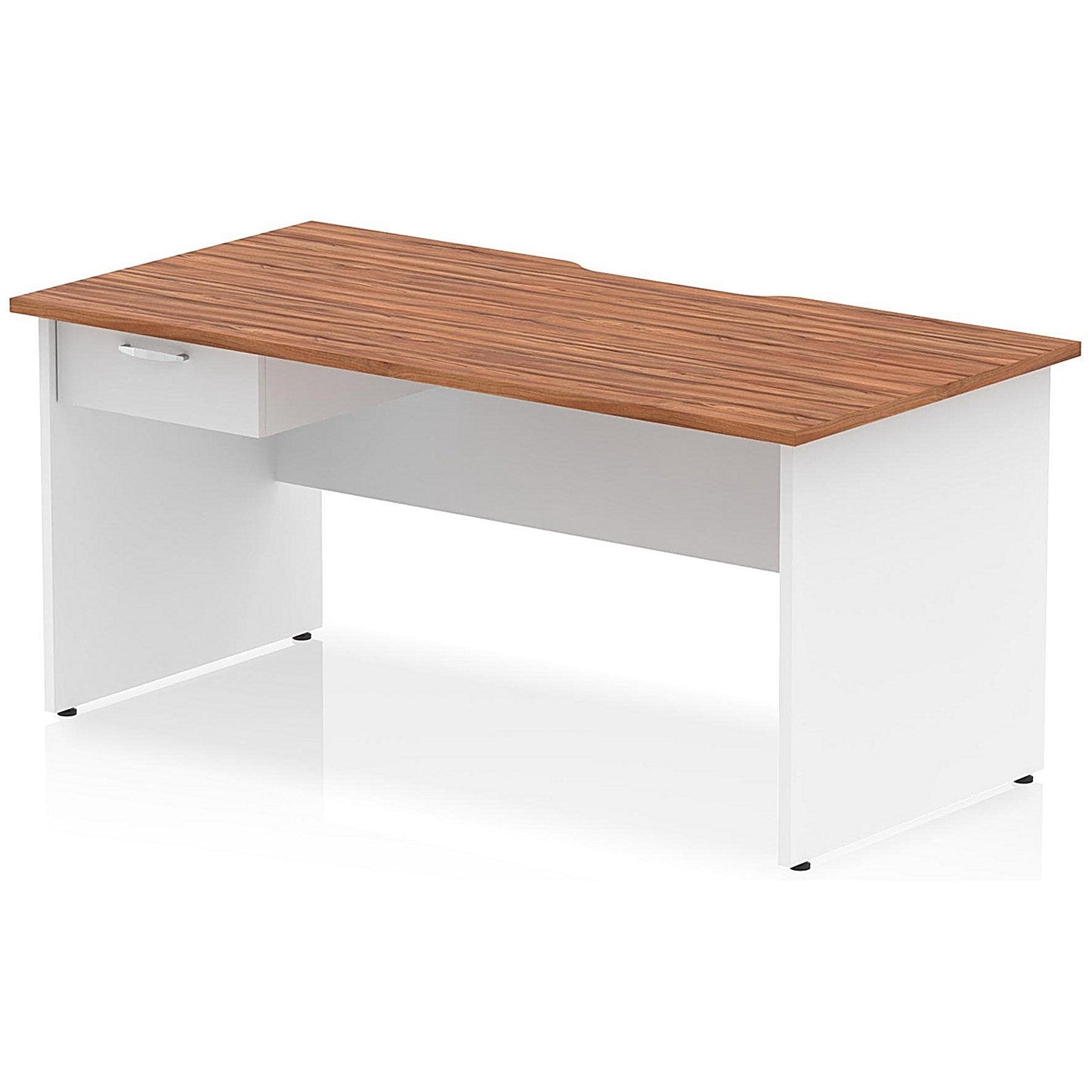 Impulse 1600mm Two-Tone Scalloped Edge Rectangular Desk, White Panel End Legs, Walnut, With 1 x 1 Drawer Fixed Pedestal Easy2Order : TT000317