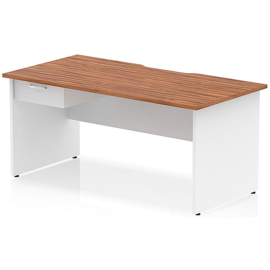 Impulse 1600mm Two-Tone Scalloped Edge Rectangular Desk, White Panel End Legs, Walnut, With 1 x 1 Drawer Fixed Pedestal Easy2Order : TT000317