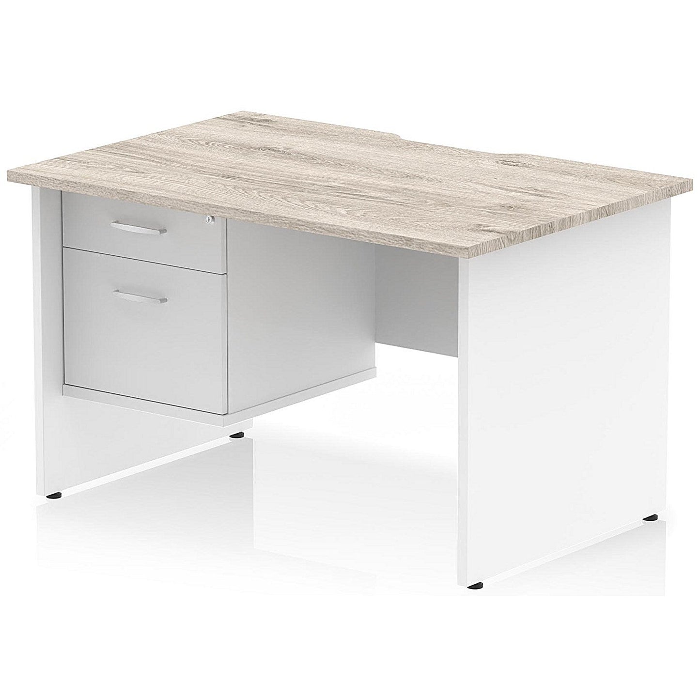 Impulse 1200mm Two-Tone Scalloped Edge Rectangular Desk, White Panel End Legs, Grey Oak, With 1 x 2 Drawer Fixed Pedestal Easy2Order : TT000319