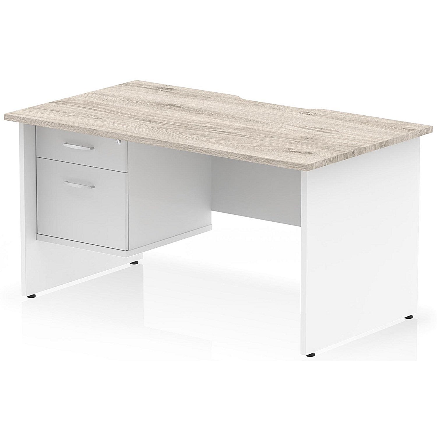 Impulse 1400mm Two-Tone Scalloped Edge Rectangular Desk, White Panel End Legs, Grey Oak, With 1 x 2 Drawer Fixed Pedestal Easy2Order : TT000324