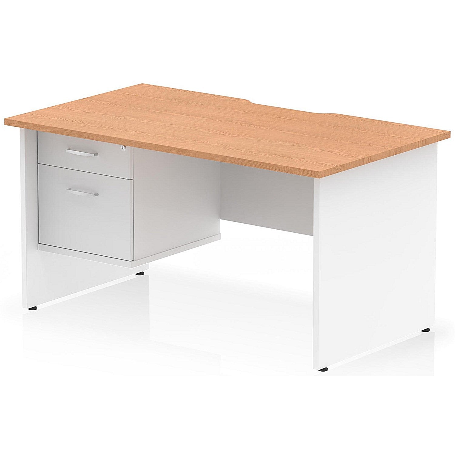 Impulse 1400mm Two-Tone Scalloped Edge Rectangular Desk, White Panel End Legs, Oak, With 1 x 2 Drawer Fixed Pedestal Easy2Order : TT000326