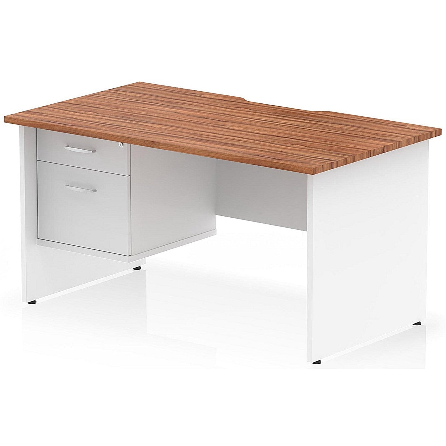 Impulse 1400mm Two-Tone Scalloped Edge Rectangular Desk, White Panel End Legs, Walnut, With 1 x 2 Drawer Fixed Pedestal Easy2Order : TT000327