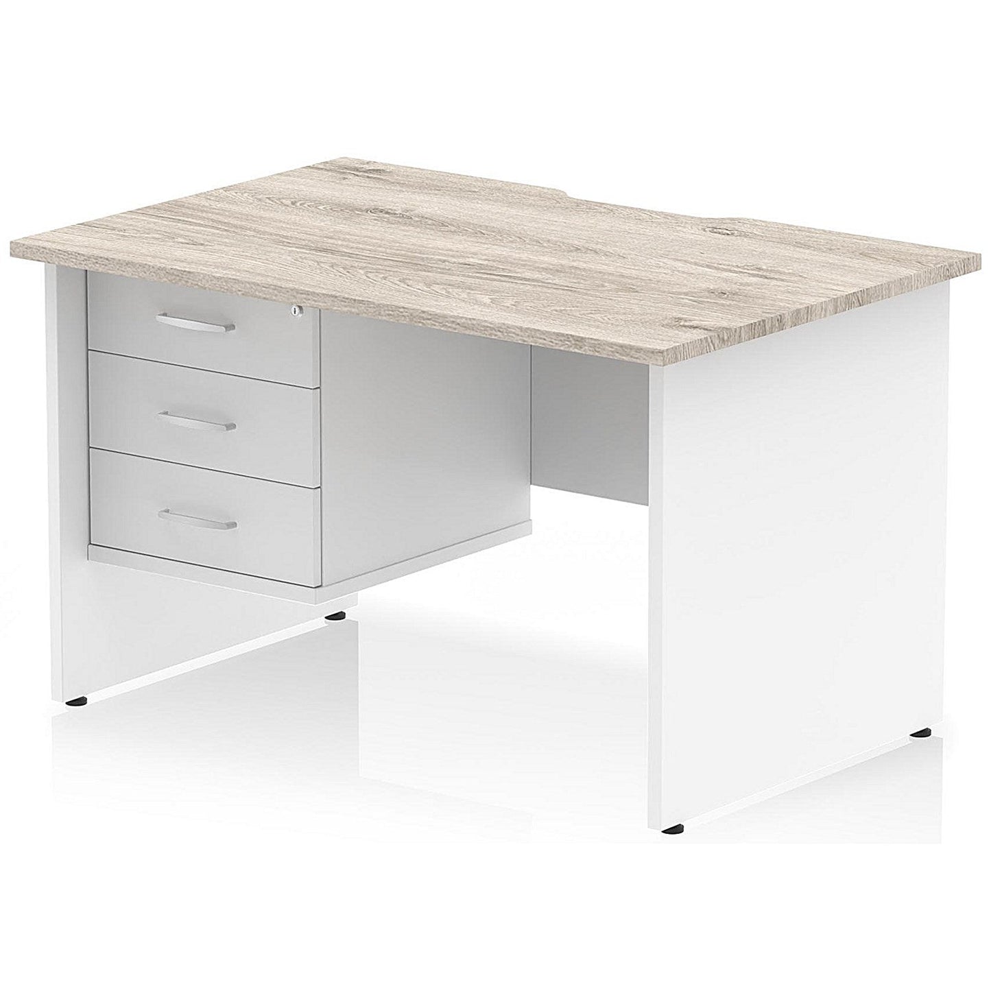 Impulse 1200mm Two-Tone Scalloped Edge Rectangular Desk, White Panel End Legs, Grey Oak, With 1 x 3 Drawer Fixed Pedestal Easy2Order : TT000334